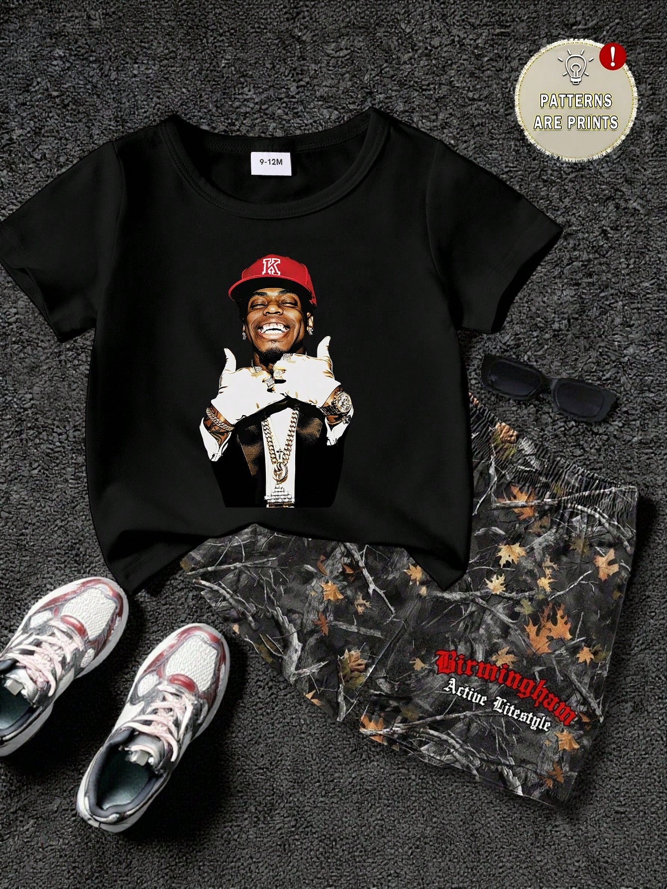2pcs/Set Baby Boy Black Summer Casual City Break Street Style,Cool Red Cap Boy Portrait Short Sleeve T-Shirt And Leaf Number Print Shorts Outfit Set
