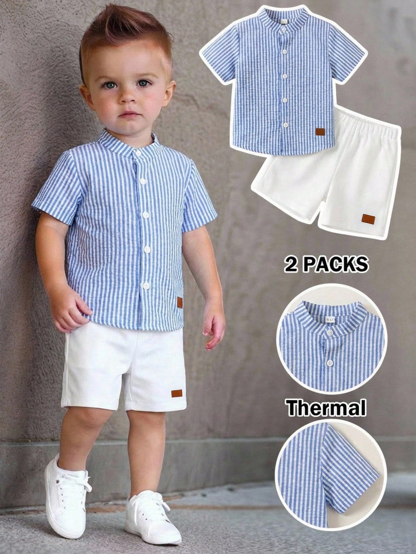 2pcs/Set Baby Boy Blue Checkered White Stripe Collared Short Sleeve Shirt And White Shorts Set Cotton Summer Casual Family Matching Back-To-School
