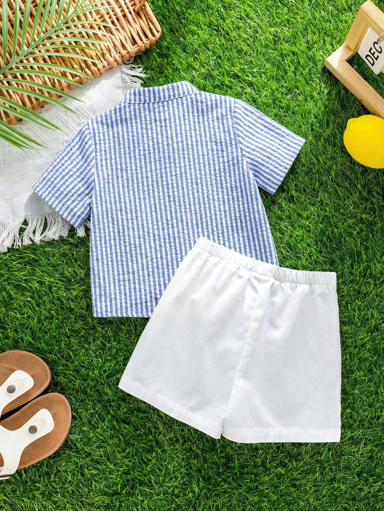 2pcs/Set Baby Boy Blue Checkered White Stripe Collared Short Sleeve Shirt And White Shorts Set Cotton Summer Casual Family Matching Back-To-School