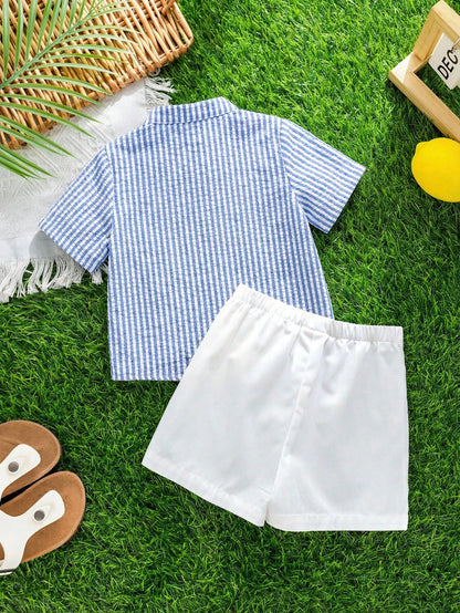 2pcs/Set Baby Boy Blue Checkered White Stripe Collared Short Sleeve Shirt And White Shorts Set Cotton Summer Casual Family Matching Back-To-School