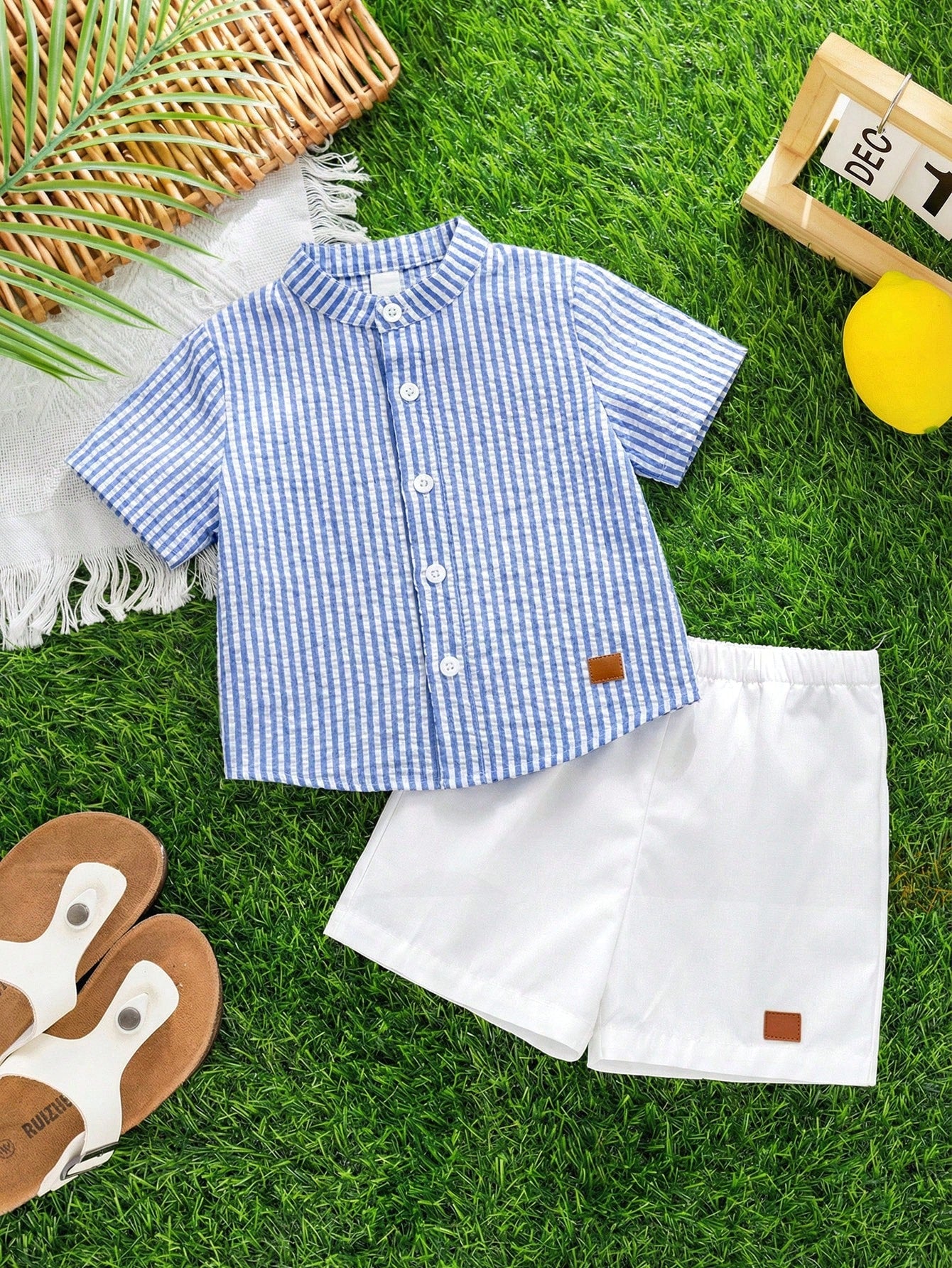 2pcs/Set Baby Boy Blue Checkered White Stripe Collared Short Sleeve Shirt And White Shorts Set Cotton Summer Casual Family Matching Back-To-School
