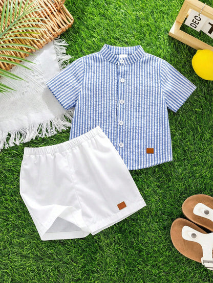 2pcs/Set Baby Boy Blue Checkered White Stripe Collared Short Sleeve Shirt And White Shorts Set Cotton Summer Casual Family Matching Back-To-School