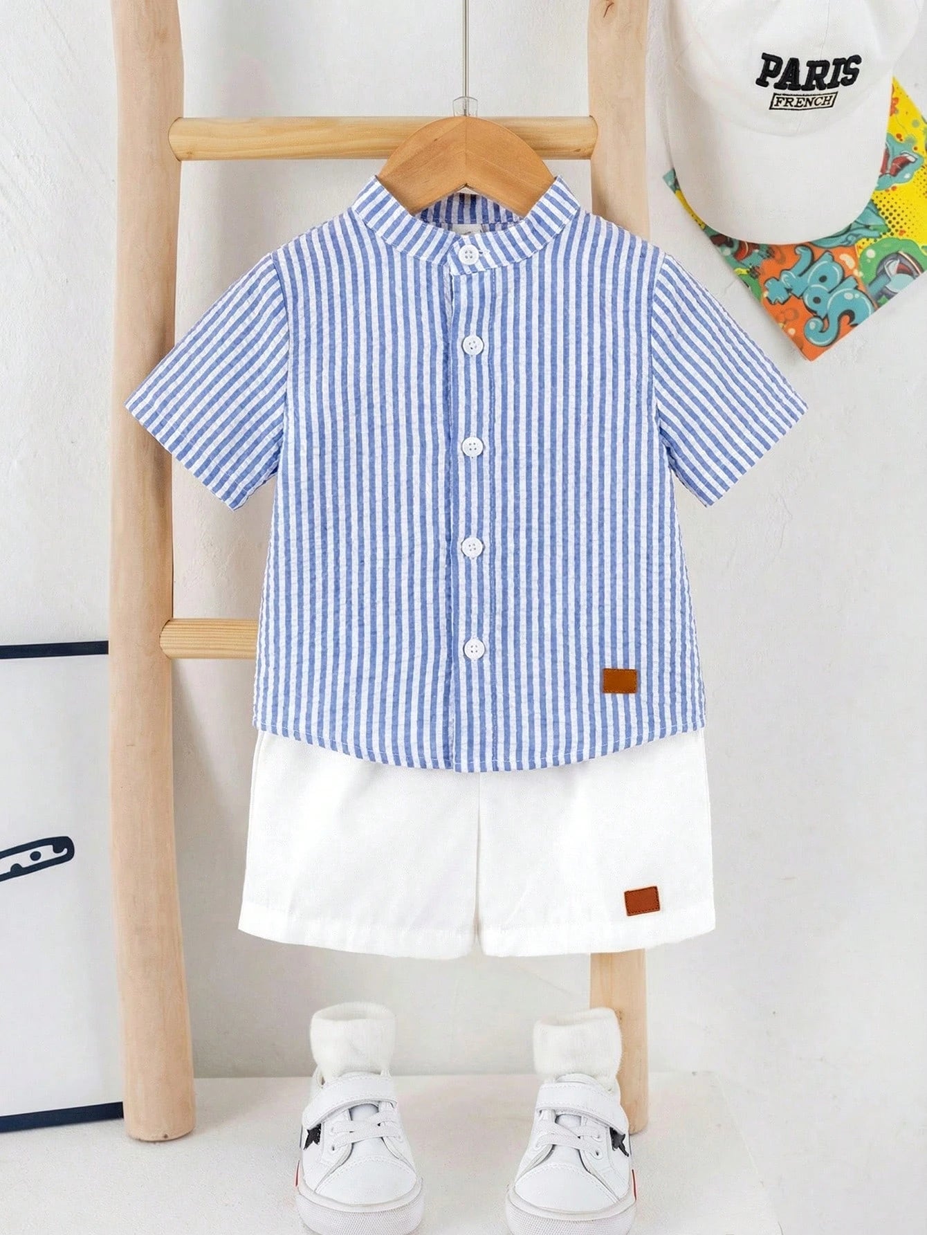 2pcs/Set Baby Boy Blue Checkered White Stripe Collared Short Sleeve Shirt And White Shorts Set Cotton Summer Casual Family Matching Back-To-School