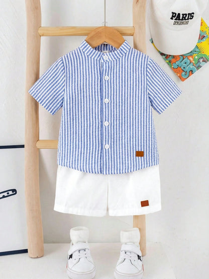 2pcs/Set Baby Boy Blue Checkered White Stripe Collared Short Sleeve Shirt And White Shorts Set Cotton Summer Casual Family Matching Back-To-School
