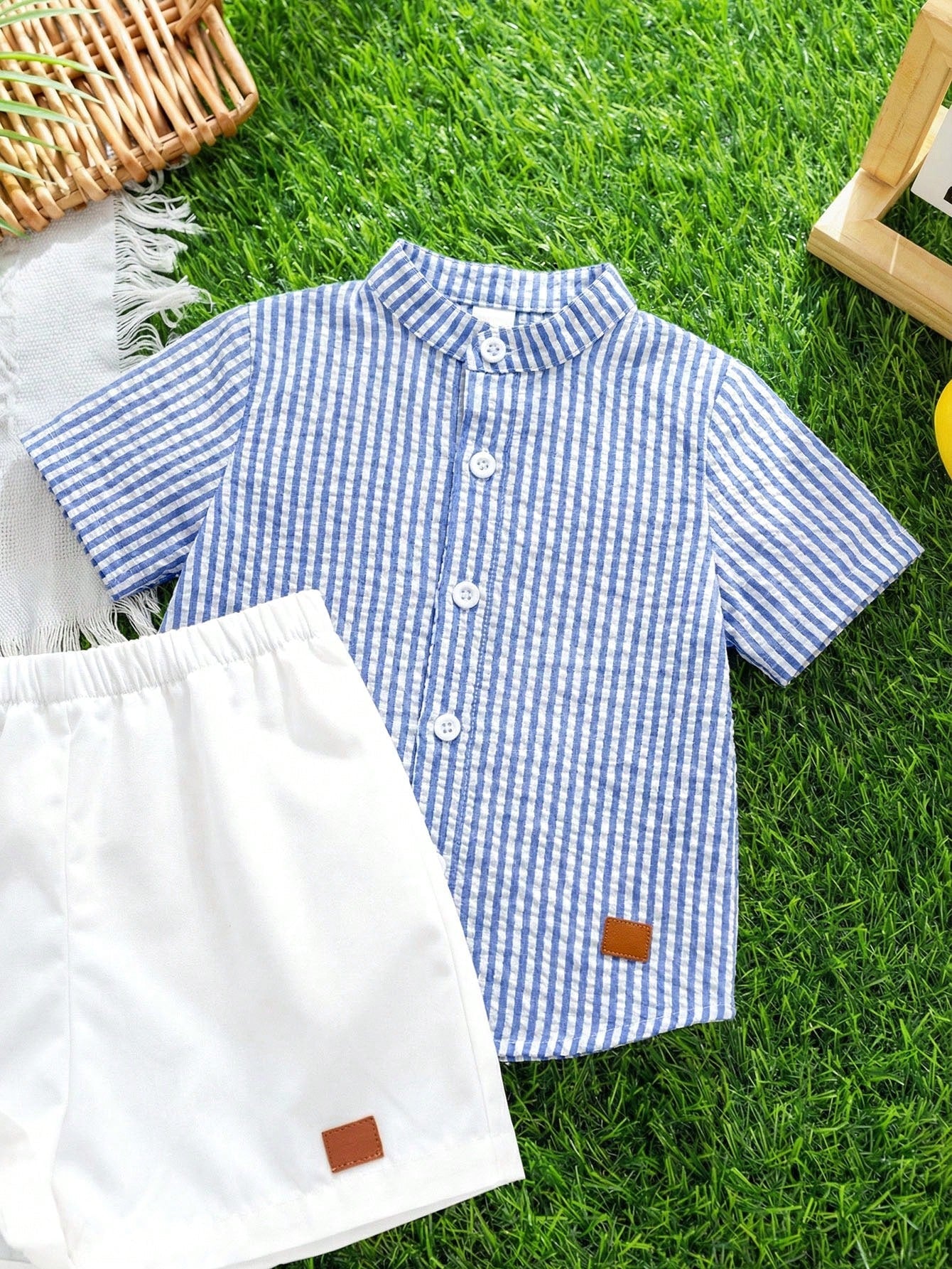 2pcs/Set Baby Boy Blue Checkered White Stripe Collared Short Sleeve Shirt And White Shorts Set Cotton Summer Casual Family Matching Back-To-School