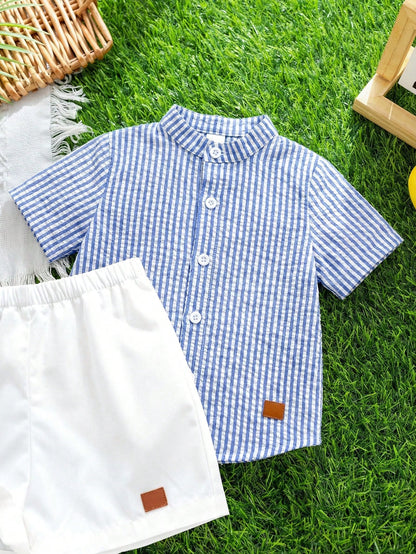 2pcs/Set Baby Boy Blue Checkered White Stripe Collared Short Sleeve Shirt And White Shorts Set Cotton Summer Casual Family Matching Back-To-School