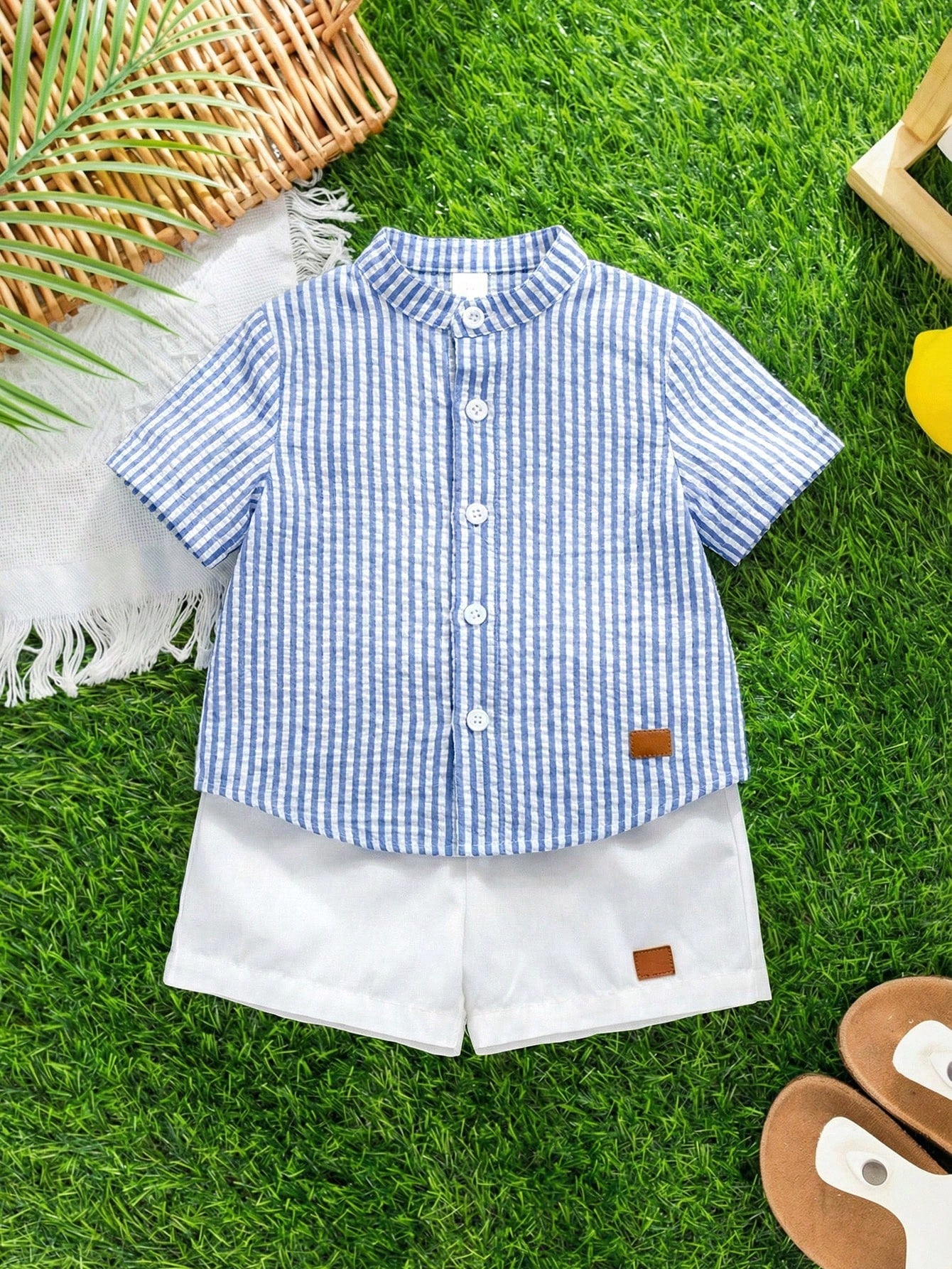 2pcs/Set Baby Boy Blue Checkered White Stripe Collared Short Sleeve Shirt And White Shorts Set Cotton Summer Casual Family Matching Back-To-School