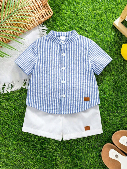 2pcs/Set Baby Boy Blue Checkered White Stripe Collared Short Sleeve Shirt And White Shorts Set Cotton Summer Casual Family Matching Back-To-School