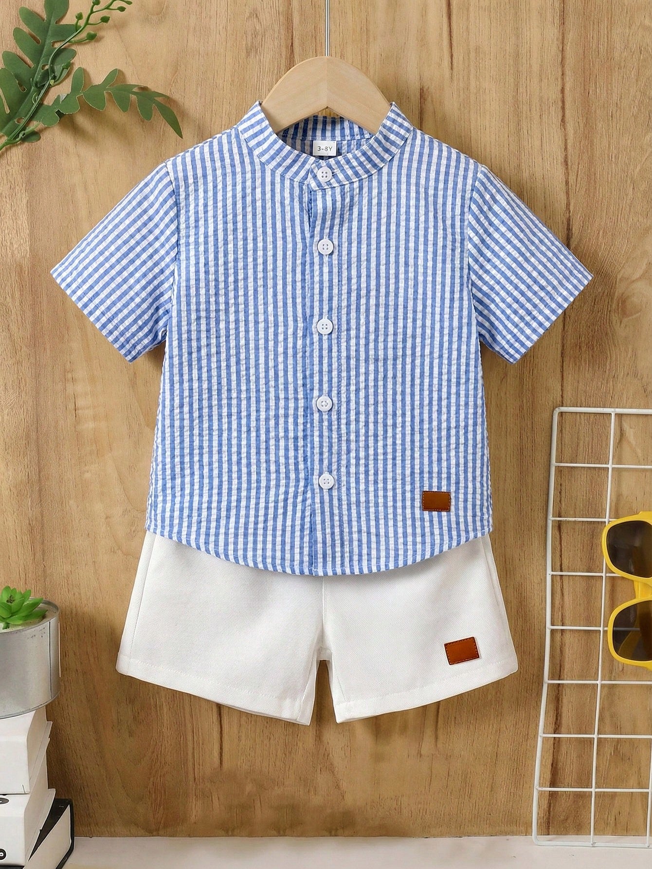 2pcs/Set Baby Boy Blue Checkered White Stripe Collared Short Sleeve Shirt And White Shorts Set Cotton Summer Casual Family Matching Back-To-School