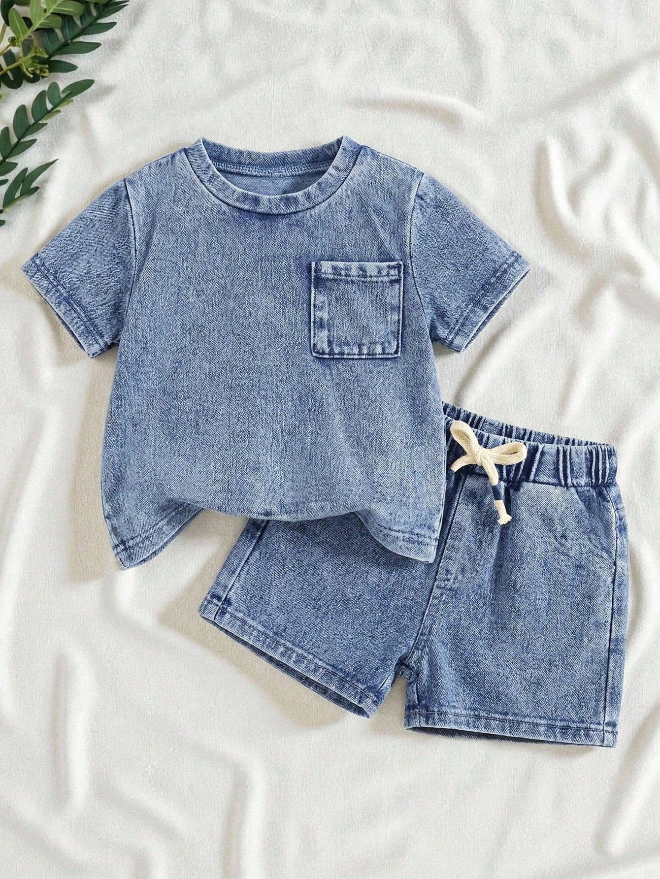2pcs/Set Baby Boy New Fashion Casual Soft Cute Blue Knit Denim Loose Fit T-Shirt And Loose Fit Jeans Shorts Set Spring Summer,For Baby Boys Spring/Summer Dailywear Outfits,Boys Streetwear Outfit