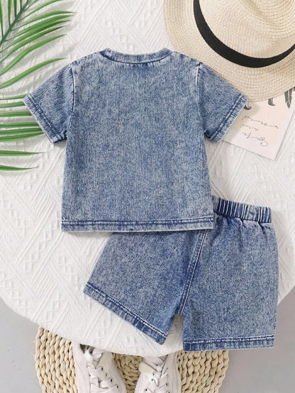 2pcs/Set Baby Boy New Fashion Casual Soft Cute Blue Knit Denim Loose Fit T-Shirt And Loose Fit Jeans Shorts Set Spring Summer,For Baby Boys Spring/Summer Dailywear Outfits,Boys Streetwear Outfit