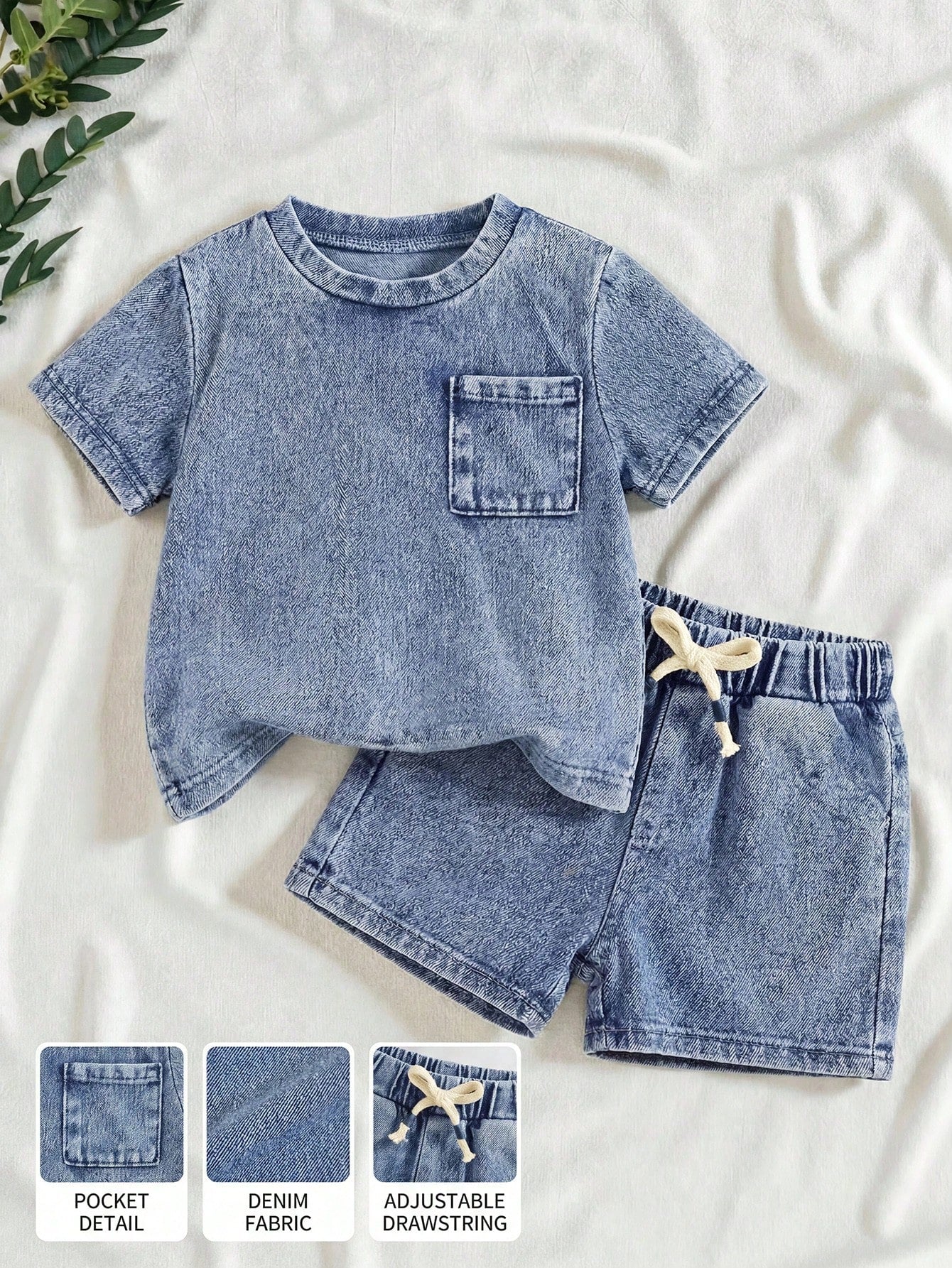 2pcs/Set Baby Boy New Fashion Casual Soft Cute Blue Knit Denim Loose Fit T-Shirt And Loose Fit Jeans Shorts Set Spring Summer,For Baby Boys Spring/Summer Dailywear Outfits,Boys Streetwear Outfit