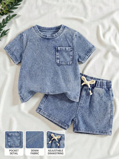 2pcs/Set Baby Boy New Fashion Casual Soft Cute Blue Knit Denim Loose Fit T-Shirt And Loose Fit Jeans Shorts Set Spring Summer,For Baby Boys Spring/Summer Dailywear Outfits,Boys Streetwear Outfit