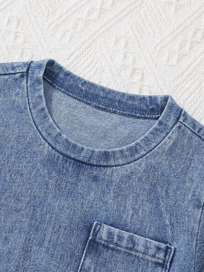2pcs/Set Baby Boy New Fashion Casual Soft Cute Blue Knit Denim Loose Fit T-Shirt And Loose Fit Jeans Shorts Set Spring Summer,For Baby Boys Spring/Summer Dailywear Outfits,Boys Streetwear Outfit