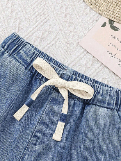 2pcs/Set Baby Boy New Fashion Casual Soft Cute Blue Knit Denim Loose Fit T-Shirt And Loose Fit Jeans Shorts Set Spring Summer,For Baby Boys Spring/Summer Dailywear Outfits,Boys Streetwear Outfit