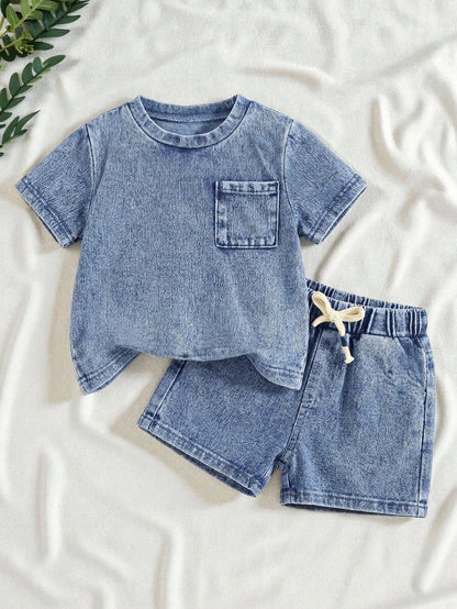 2pcs/Set Baby Boy New Fashion Casual Soft Cute Blue Knit Denim Loose Fit T-Shirt And Loose Fit Jeans Shorts Set Spring Summer,For Baby Boys Spring/Summer Dailywear Outfits,Boys Streetwear Outfit