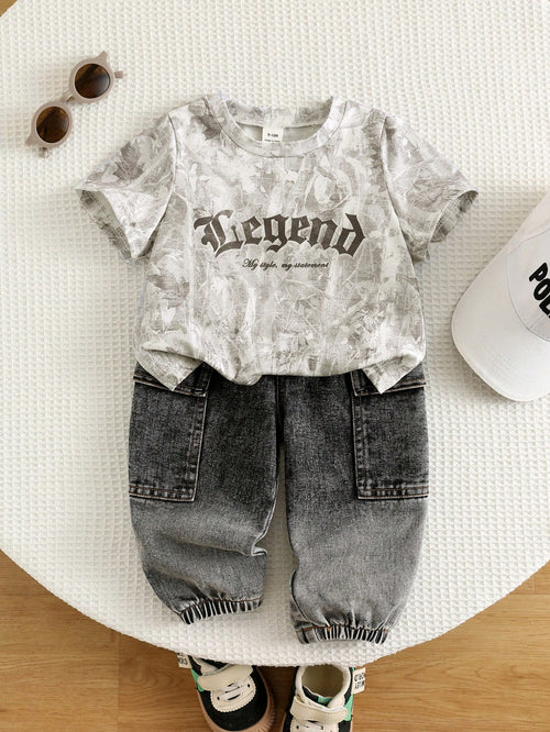 2pcs/Set Baby Boy Summer Casual Grey Camouflage Top T-Shirt Black Denim Cargo Long Pants Denim Long Pants Camouflage Set Cargo Set Denim Set Baby Boy Set Holiday Set Cool Set
