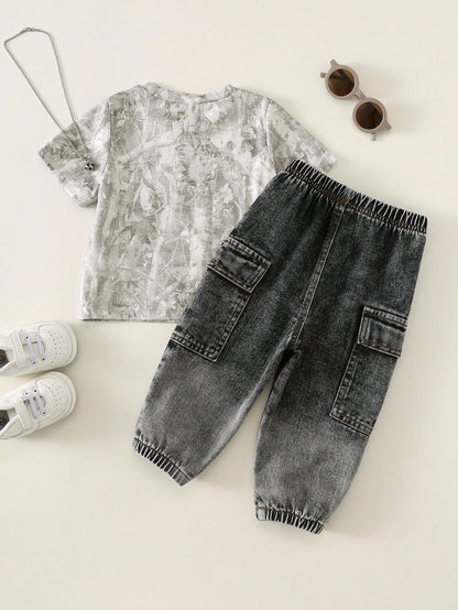 2pcs/Set Baby Boy Summer Casual Grey Camouflage Top T-Shirt Black Denim Cargo Long Pants Denim Long Pants Camouflage Set Cargo Set Denim Set Baby Boy Set Holiday Set Cool Set