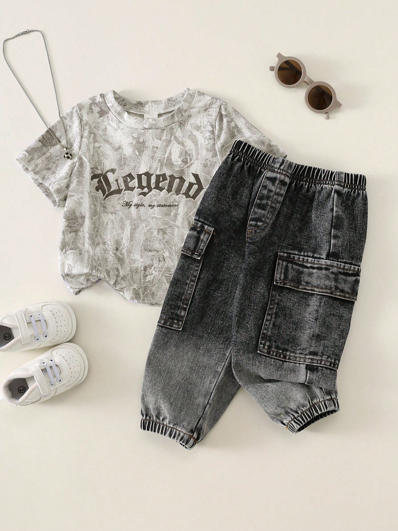 2pcs/Set Baby Boy Summer Casual Grey Camouflage Top T-Shirt Black Denim Cargo Long Pants Denim Long Pants Camouflage Set Cargo Set Denim Set Baby Boy Set Holiday Set Cool Set