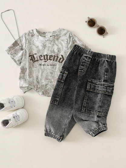 2pcs/Set Baby Boy Summer Casual Grey Camouflage Top T-Shirt Black Denim Cargo Long Pants Denim Long Pants Camouflage Set Cargo Set Denim Set Baby Boy Set Holiday Set Cool Set
