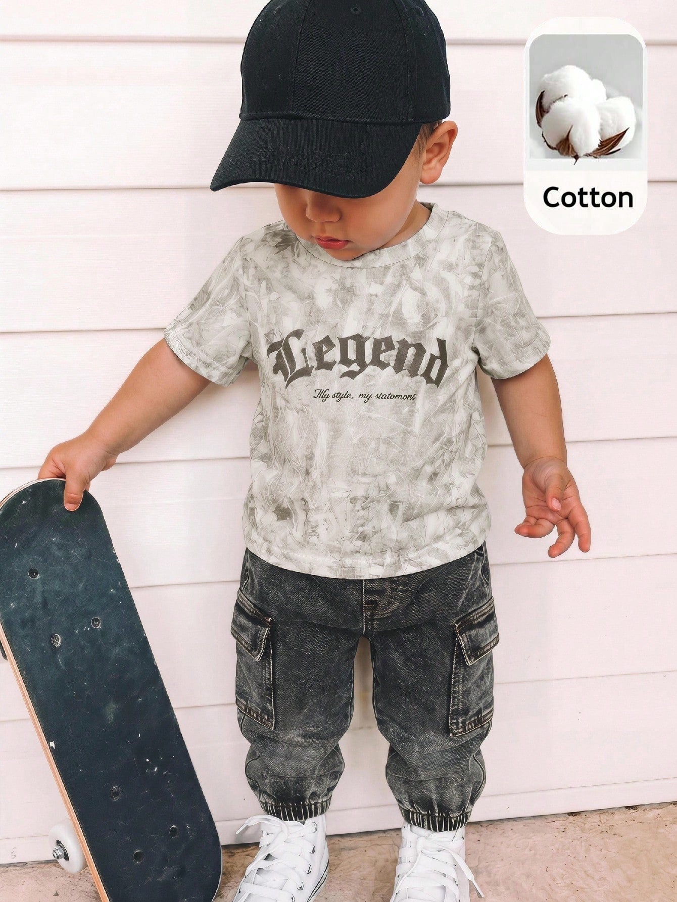 2pcs/Set Baby Boy Summer Casual Grey Camouflage Top T-Shirt Black Denim Cargo Long Pants Denim Long Pants Camouflage Set Cargo Set Denim Set Baby Boy Set Holiday Set Cool Set