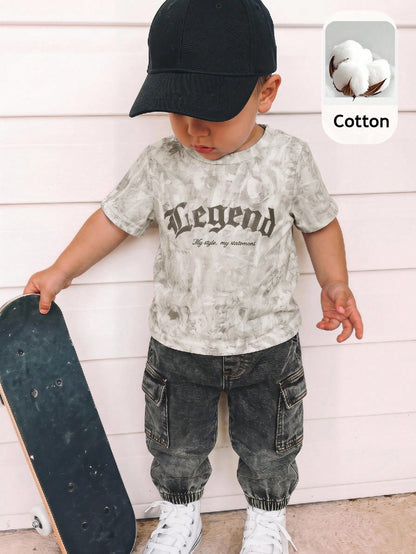 2pcs/Set Baby Boy Summer Casual Grey Camouflage Top T-Shirt Black Denim Cargo Long Pants Denim Long Pants Camouflage Set Cargo Set Denim Set Baby Boy Set Holiday Set Cool Set