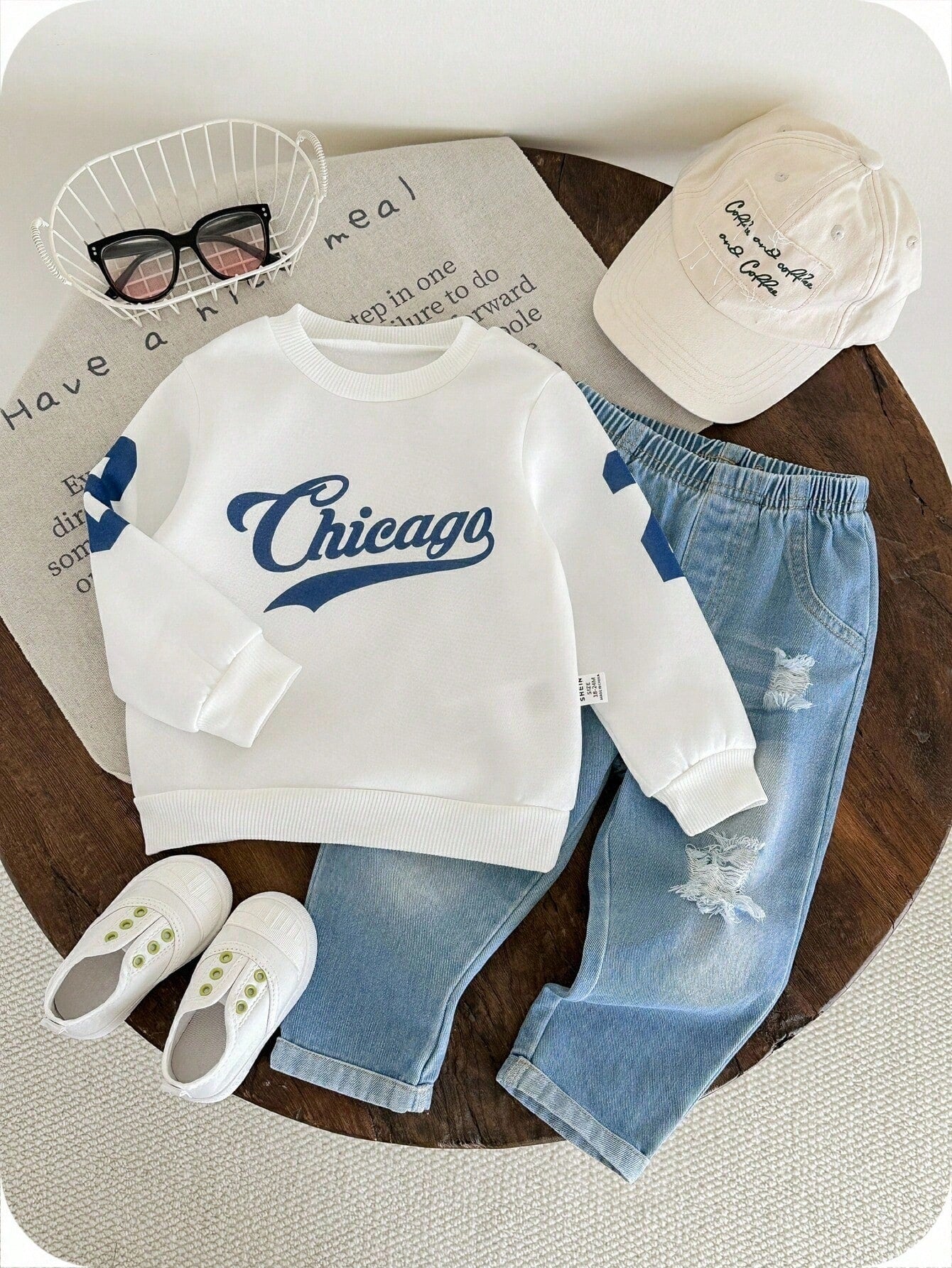 2pcs/Set Baby Boys Thermal Lined Hoodie & Denim Winter Pants,Blue White Stripe,Autumn,Street Life Casual Graphic Street Fashion,City,Back-To-School