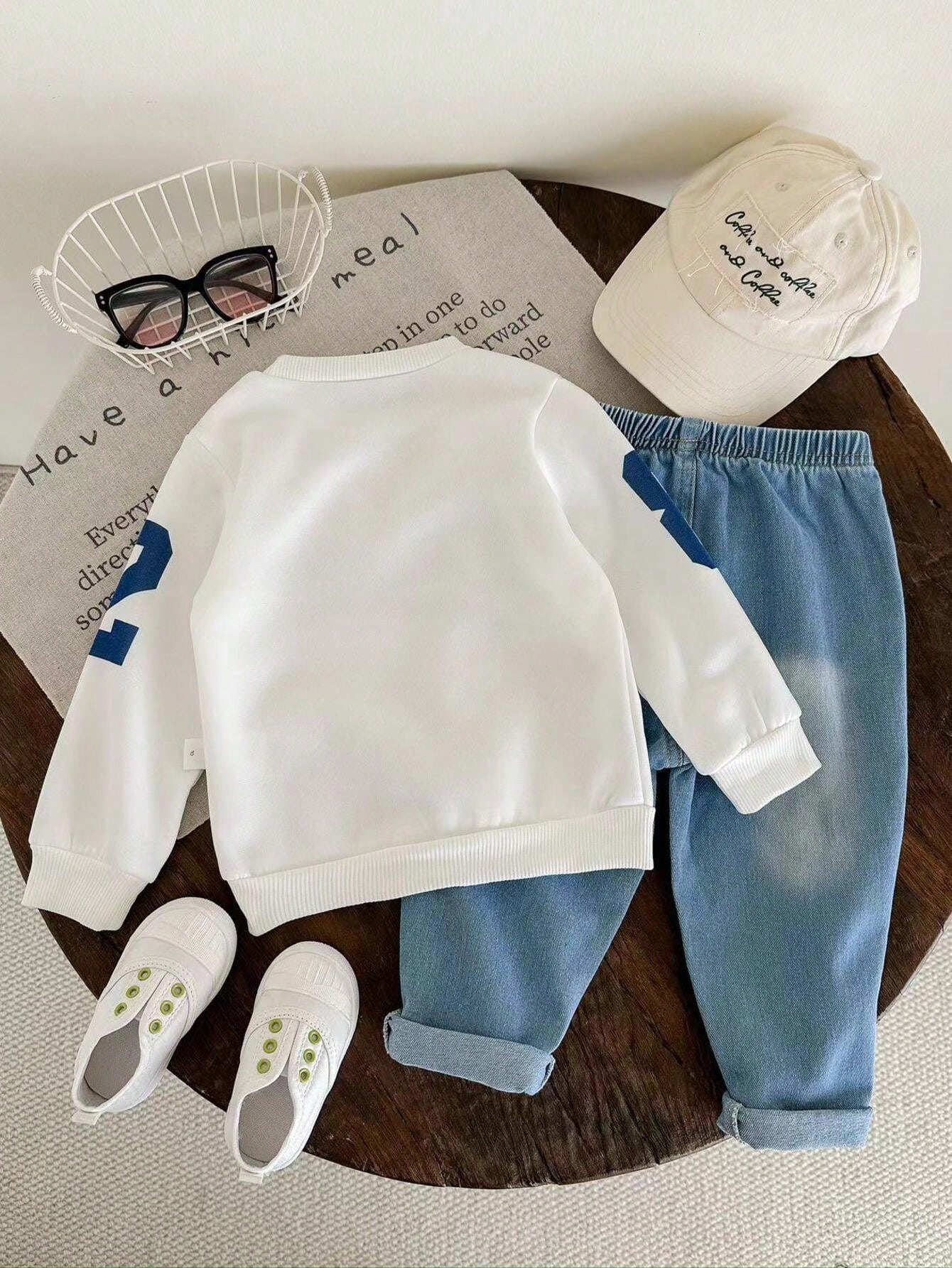 2pcs/Set Baby Boys Thermal Lined Hoodie & Denim Winter Pants,Blue White Stripe,Autumn,Street Life Casual Graphic Street Fashion,City,Back-To-School