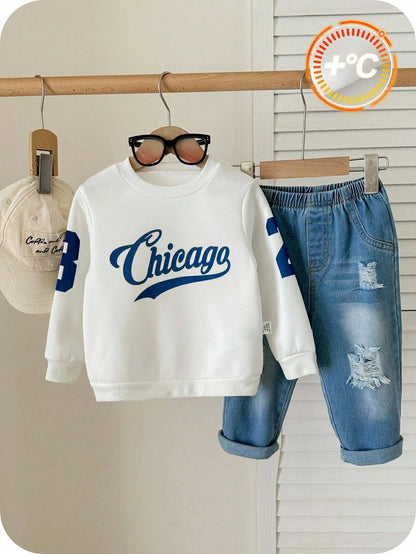 2pcs/Set Baby Boys Thermal Lined Hoodie & Denim Winter Pants,Blue White Stripe,Autumn,Street Life Casual Graphic Street Fashion,City,Back-To-School
