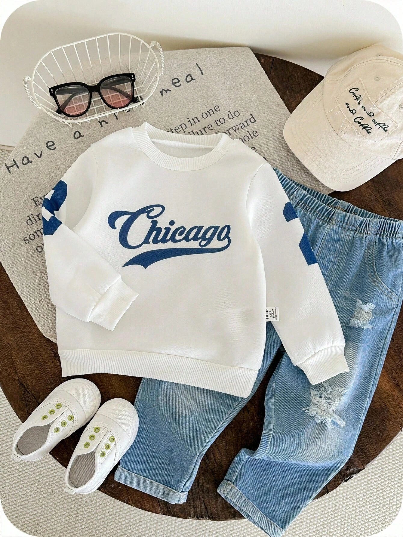 2pcs/Set Baby Boys Thermal Lined Hoodie & Denim Winter Pants,Blue White Stripe,Autumn,Street Life Casual Graphic Street Fashion,City,Back-To-School
