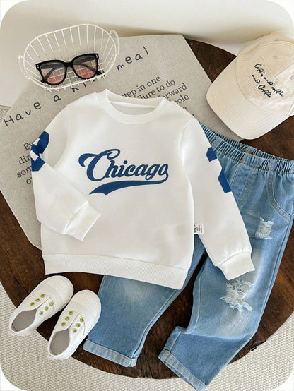 2pcs/Set Baby Boys Thermal Lined Hoodie & Denim Winter Pants,Blue White Stripe,Autumn,Street Life Casual Graphic Street Fashion,City,Back-To-School