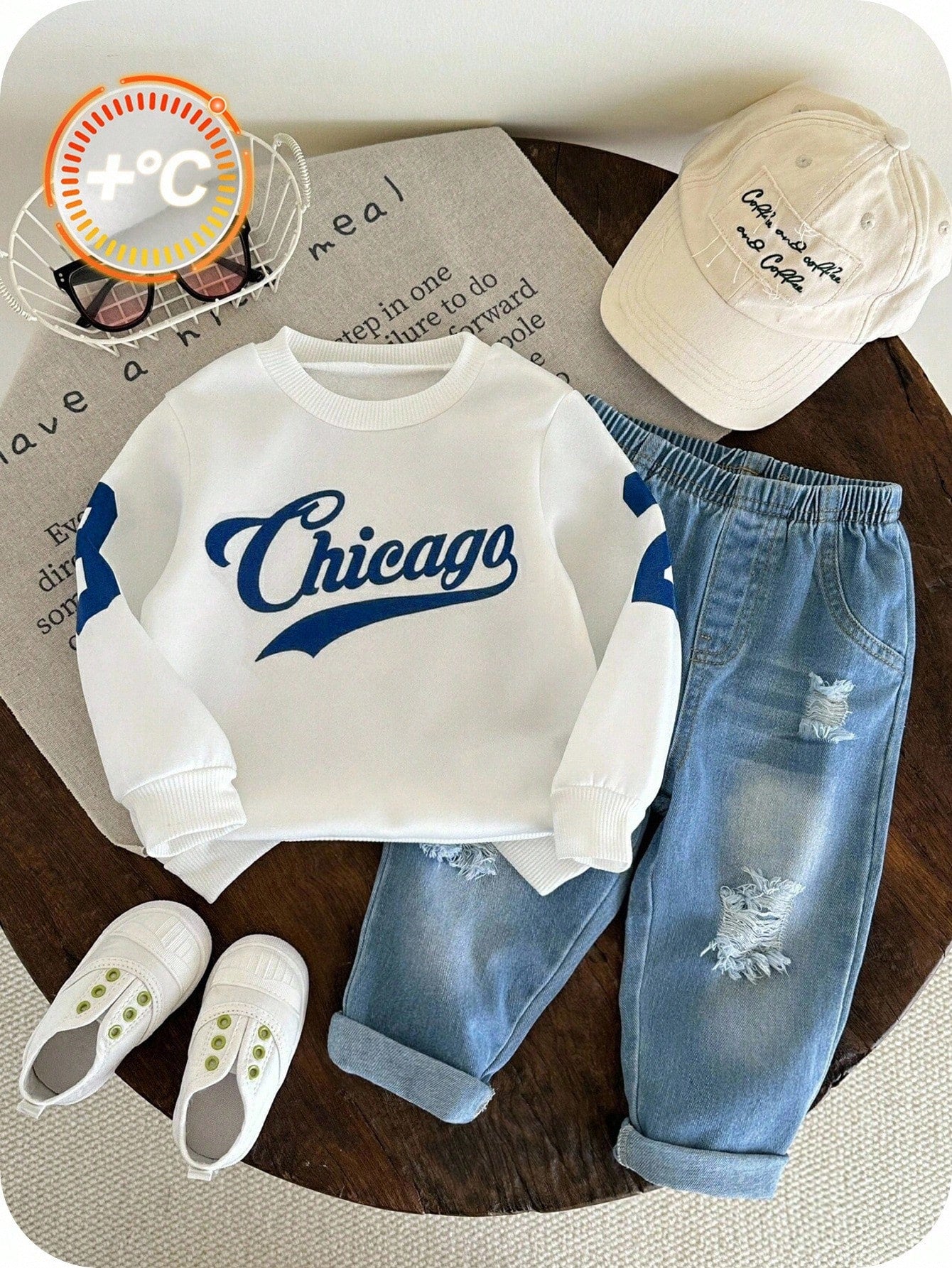 2pcs/Set Baby Boys Thermal Lined Hoodie & Denim Winter Pants,Blue White Stripe,Autumn,Street Life Casual Graphic Street Fashion,City,Back-To-School