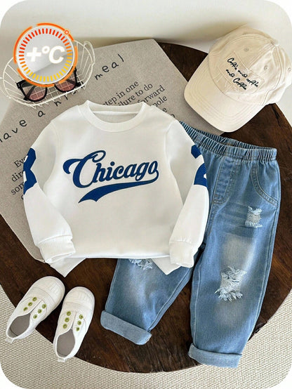 2pcs/Set Baby Boys Thermal Lined Hoodie & Denim Winter Pants,Blue White Stripe,Autumn,Street Life Casual Graphic Street Fashion,City,Back-To-School