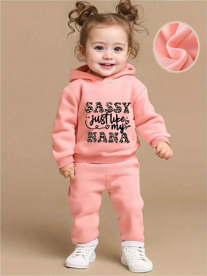 2pcs/Set Baby Girl Leopard Print & Letter Graphic Thermal Lined Hooded Sweatshirt And Pants Set, Autumn/Winter Fall Clothes