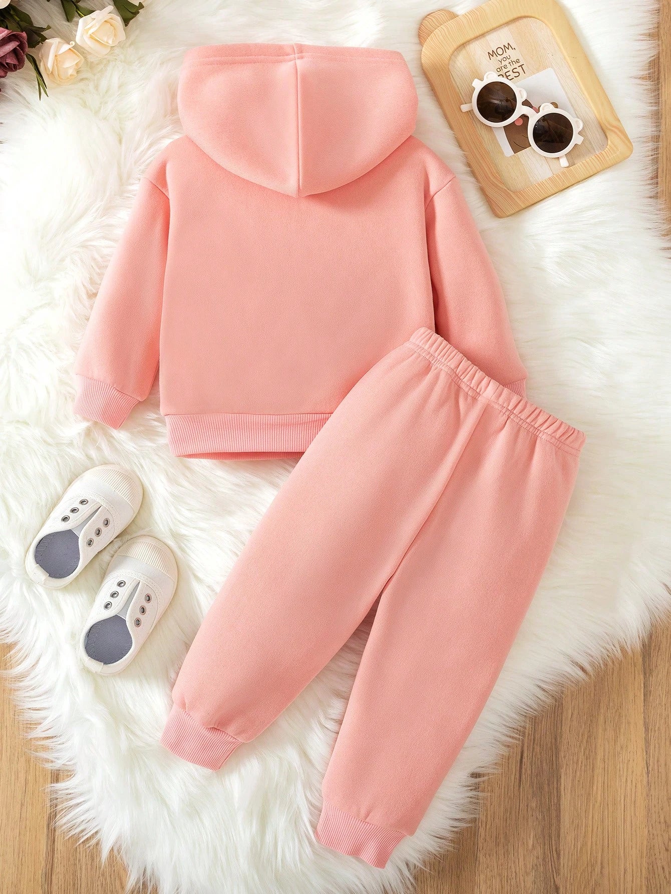 2pcs/Set Baby Girl Leopard Print & Letter Graphic Thermal Lined Hooded Sweatshirt And Pants Set, Autumn/Winter Fall Clothes