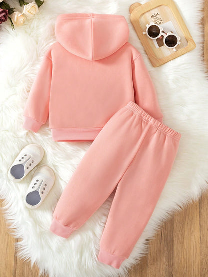 2pcs/Set Baby Girl Leopard Print & Letter Graphic Thermal Lined Hooded Sweatshirt And Pants Set, Autumn/Winter Fall Clothes