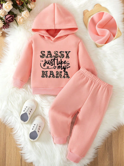 2pcs/Set Baby Girl Leopard Print & Letter Graphic Thermal Lined Hooded Sweatshirt And Pants Set, Autumn/Winter Fall Clothes