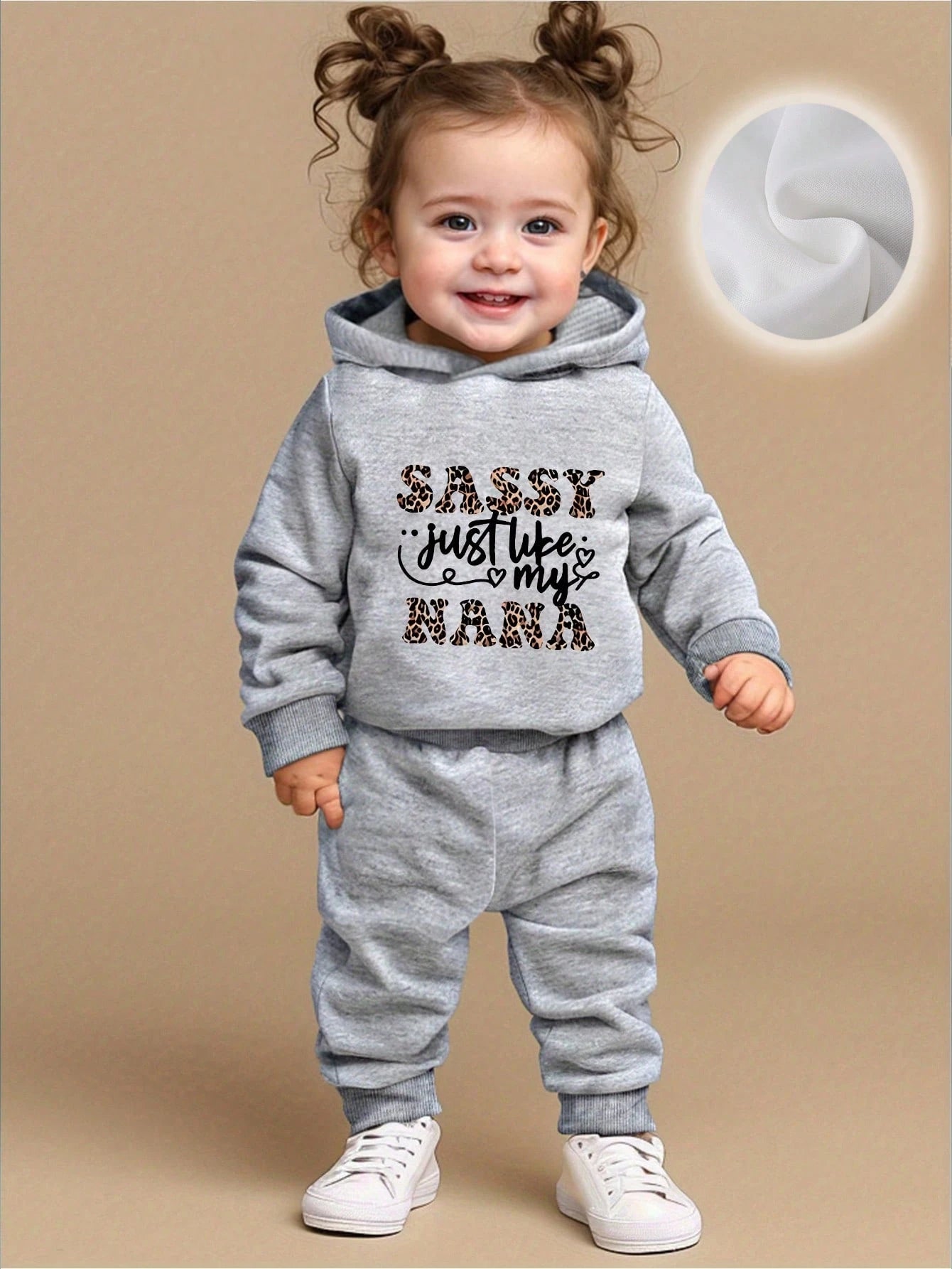 2pcs/Set Baby Girl Leopard Print & Letter Graphic Thermal Lined Hooded Sweatshirt And Pants Set, Autumn/Winter Fall Clothes