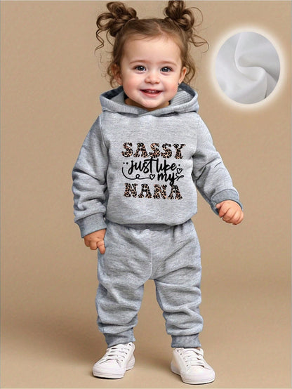 2pcs/Set Baby Girl Leopard Print & Letter Graphic Thermal Lined Hooded Sweatshirt And Pants Set, Autumn/Winter Fall Clothes