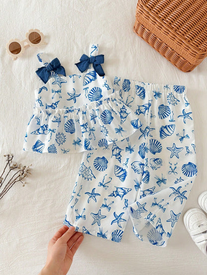 2pcs/Set Baby Girl Summer Cute Vacation Casual Graphic Print Camisole And Elastic Waist Pants Set