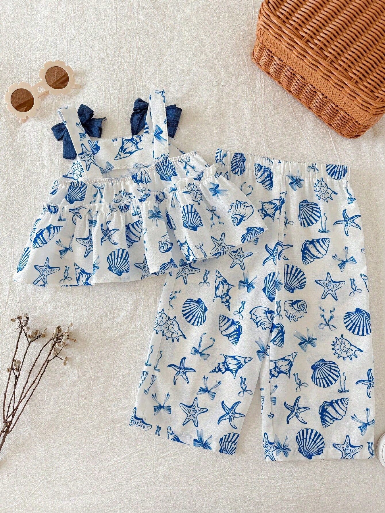 2pcs/Set Baby Girl Summer Cute Vacation Casual Graphic Print Camisole And Elastic Waist Pants Set