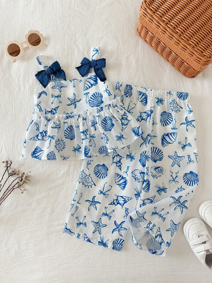 2pcs/Set Baby Girl Summer Cute Vacation Casual Graphic Print Camisole And Elastic Waist Pants Set