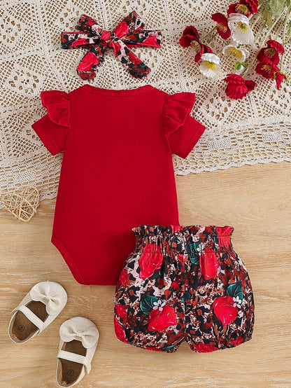 2pcs/Set Baby Girls' Cap Sleeve Letter Print Bodysuit And Floral Shorts For Summer
