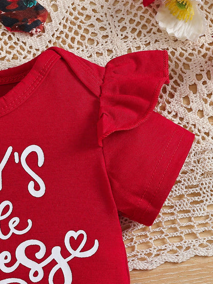 2pcs/Set Baby Girls' Cap Sleeve Letter Print Bodysuit And Floral Shorts For Summer