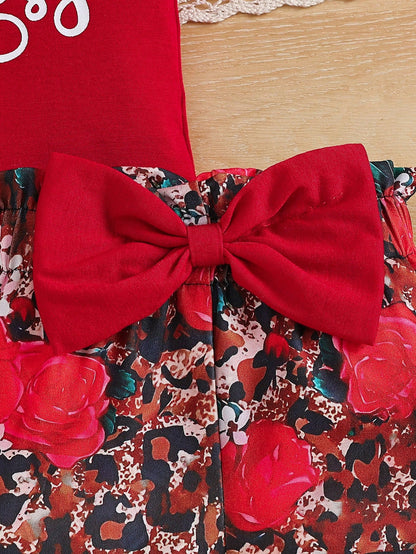2pcs/Set Baby Girls' Cap Sleeve Letter Print Bodysuit And Floral Shorts For Summer