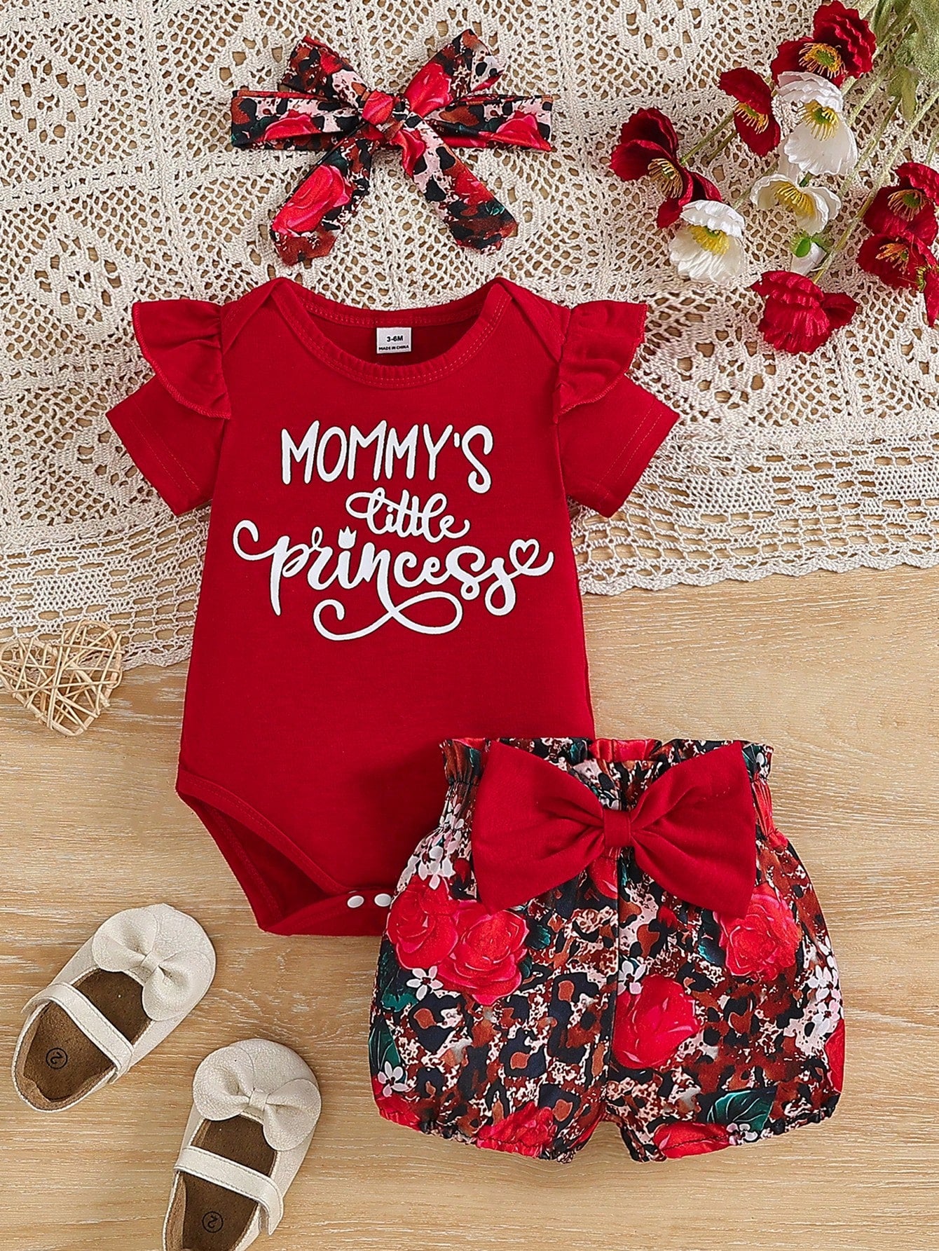 2pcs/Set Baby Girls' Cap Sleeve Letter Print Bodysuit And Floral Shorts For Summer