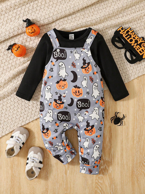 2pcs/Set Boys Solid Black Cold Shoulder Long Sleeve Romper And Halloween Element Print Overall Jumpsuit, Jumpsuit Body Full Print Playful Ghosts, Smiling Pumpkins, Crescent Moons, Boo! Funny Slo