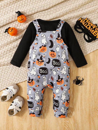 2pcs/Set Boys Solid Black Cold Shoulder Long Sleeve Romper And Halloween Element Print Overall Jumpsuit, Jumpsuit Body Full Print Playful Ghosts, Smiling Pumpkins, Crescent Moons, Boo! Funny Slo