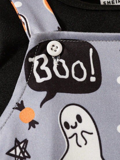 2pcs/Set Boys Solid Black Cold Shoulder Long Sleeve Romper And Halloween Element Print Overall Jumpsuit, Jumpsuit Body Full Print Playful Ghosts, Smiling Pumpkins, Crescent Moons, Boo! Funny Slo
