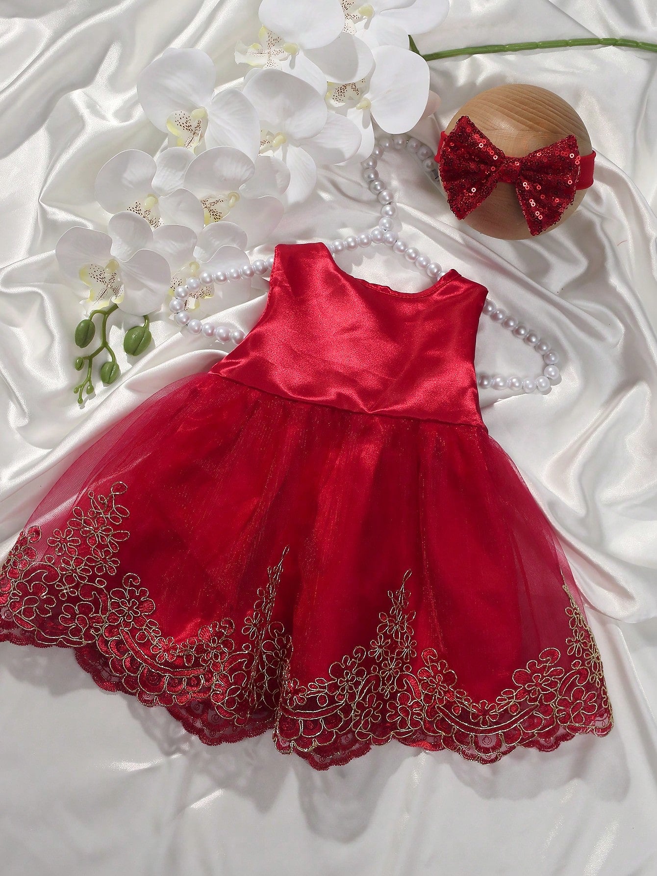 2pcs/Set Champagne Color Newborn Photography Outfit, Princess Embroidered Tulle Dress & Baby Girl Lace Bow Floral Skirt